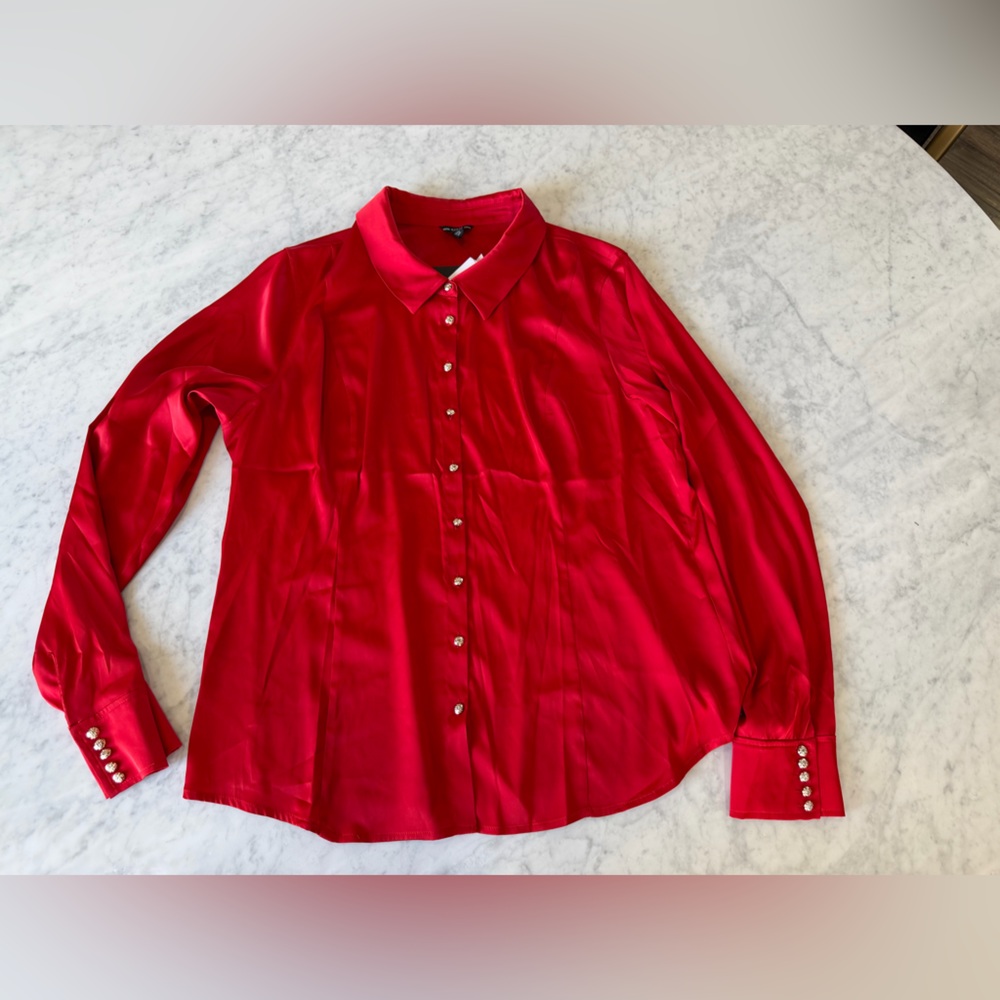 GUESS LS Cherlin Button Up Shirt XXL Reckless Red Gold Buttons NWT - Picture 4 of 7